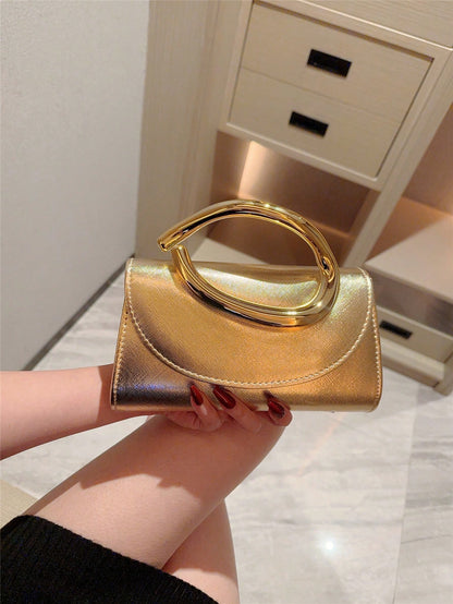 1pc European & American Fashion Metal Decor Mini Box Clutch, High-End Shiny Metal Strip Handbag For Women, Elegant Luxury Evening Bag For Formal Dresses, PU Leather Party Bag/Romantic Wedding Clutch/P