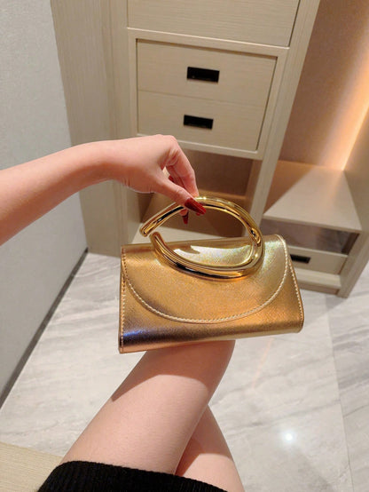 1pc European & American Fashion Metal Decor Mini Box Clutch, High-End Shiny Metal Strip Handbag For Women, Elegant Luxury Evening Bag For Formal Dresses, PU Leather Party Bag/Romantic Wedding Clutch/P