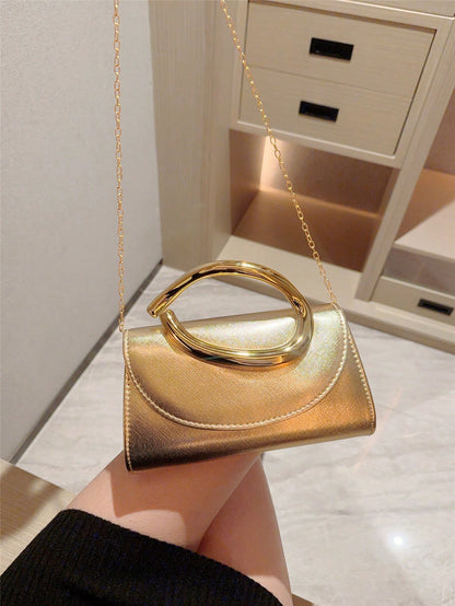 1pc European & American Fashion Metal Decor Mini Box Clutch, High-End Shiny Metal Strip Handbag For Women, Elegant Luxury Evening Bag For Formal Dresses, PU Leather Party Bag/Romantic Wedding Clutch/P