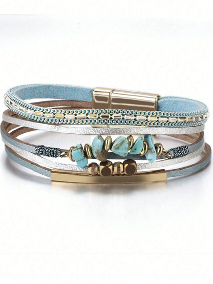 1pc European American Style PU Leather Rope Natural Stone Beaded Copper Tube Design Women Bracelet Summer Beach Jewelry