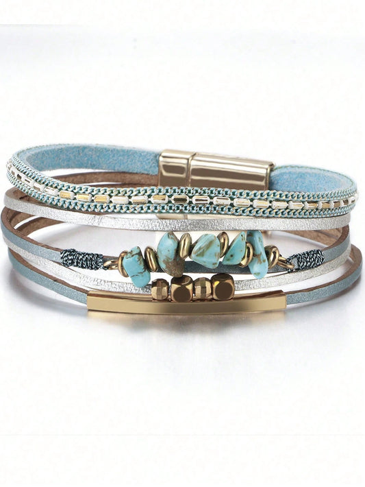 1pc European American Style PU Leather Rope Natural Stone Beaded Copper Tube Design Women Bracelet Summer Beach Jewelry