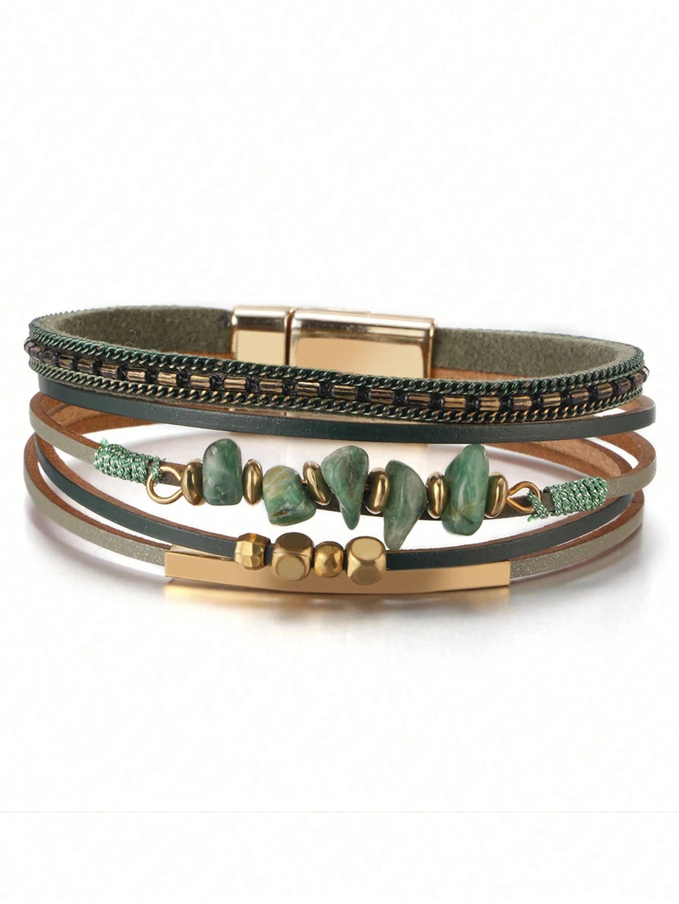 1pc European American Style PU Leather Rope Natural Stone Beaded Copper Tube Design Women Bracelet Summer Beach Jewelry
