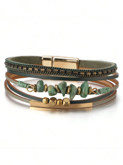 1pc European American Style PU Leather Rope Natural Stone Beaded Copper Tube Design Women Bracelet Summer Beach Jewelry
