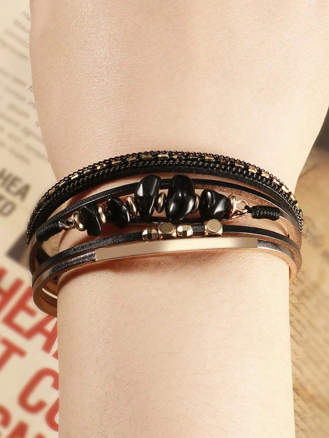 1pc European American Style PU Leather Rope Natural Stone Beaded Copper Tube Design Women Bracelet Summer Beach Jewelry