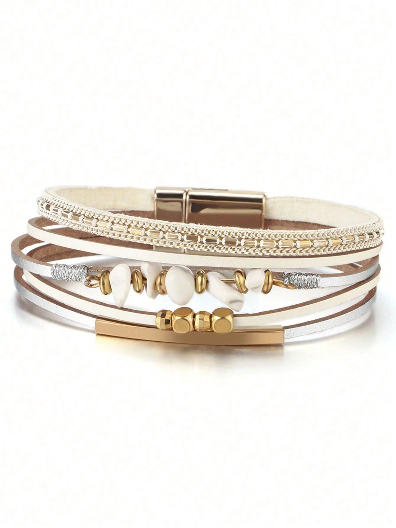 1pc European American Style PU Leather Rope Natural Stone Beaded Copper Tube Design Women Bracelet Summer Beach Jewelry