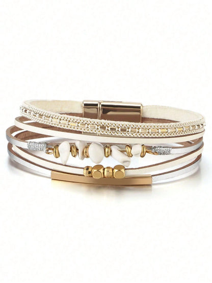 1pc European American Style PU Leather Rope Natural Stone Beaded Copper Tube Design Women Bracelet Summer Beach Jewelry