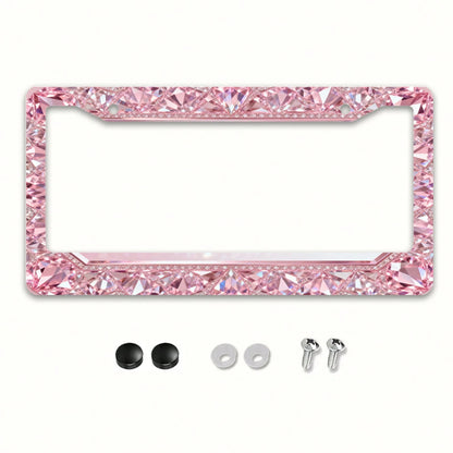1pc Exquisite Pink Diamond Metal License Plate Frame| Suitable For US And Most International Vehicles, Includes Installation Screws, Car Decoration Additions, Perfect For Christmas- 12x6inch