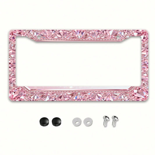 1pc Exquisite Pink Diamond Metal License Plate Frame| Suitable For US And Most International Vehicles, Includes Installation Screws, Car Decoration Additions, Perfect For Christmas- 12x6inch