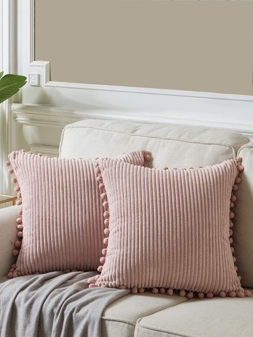 1pc Fabric Cushion Cover, Minimalist Pink Pompom Decor Decorative Throw Pillow Case Without Filler For Sofa