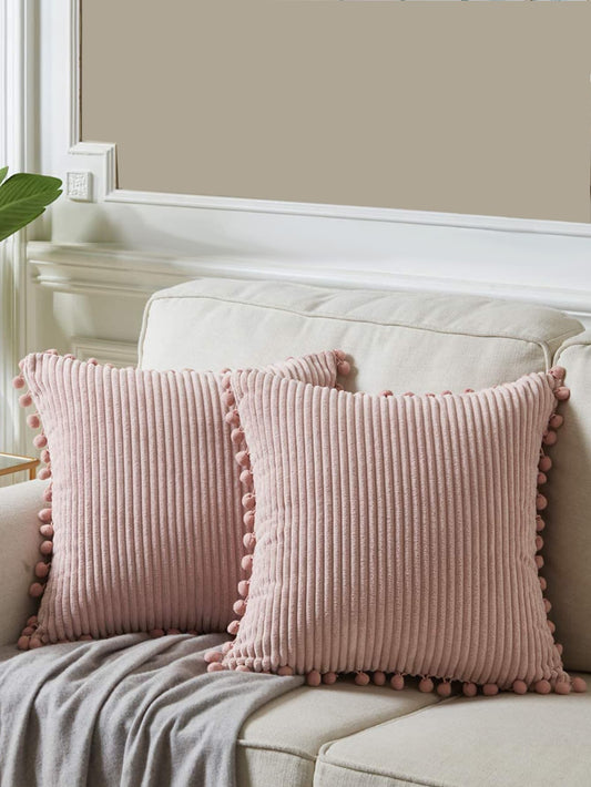 1pc Fabric Cushion Cover, Minimalist Pink Pompom Decor Decorative Throw Pillow Case Without Filler For Sofa