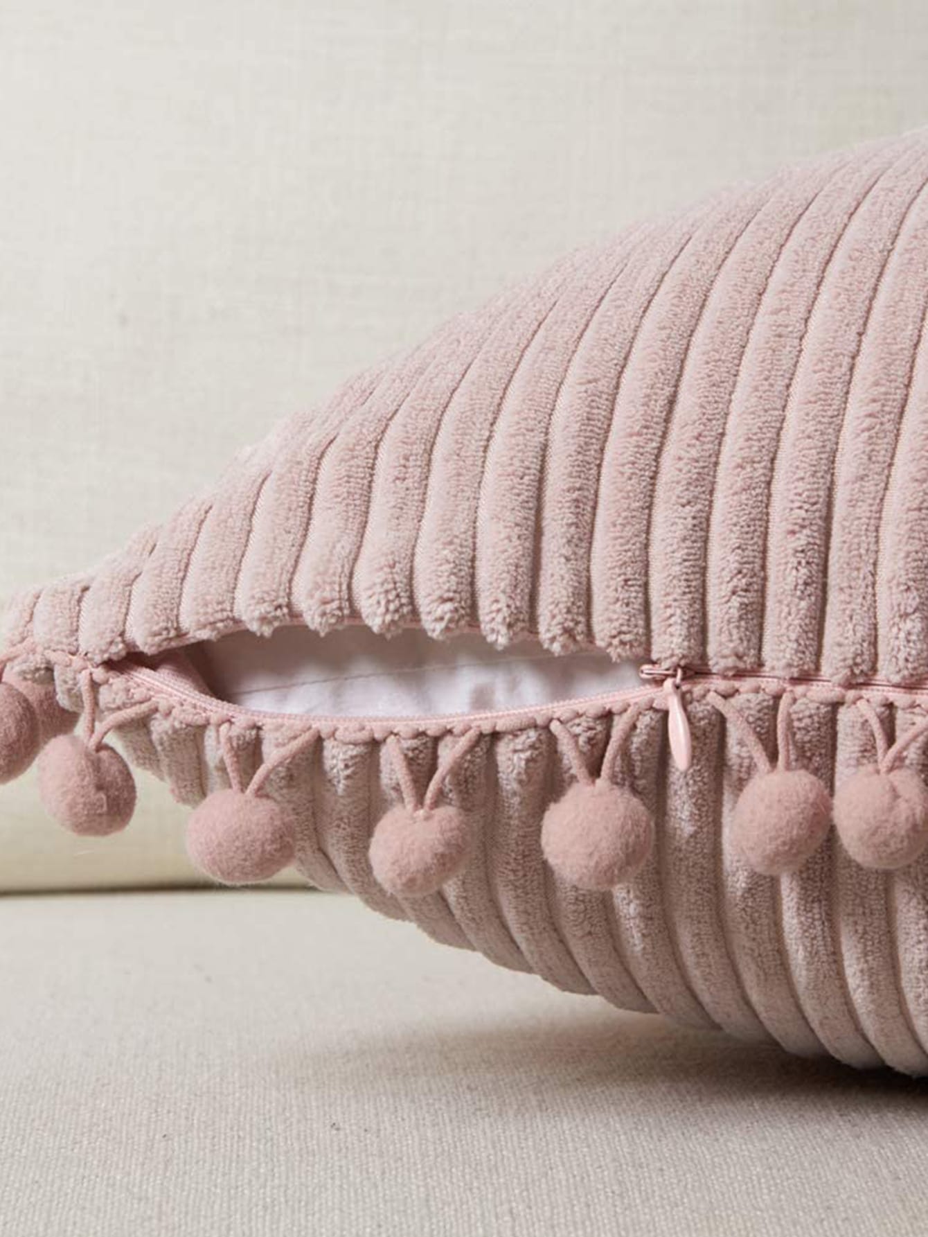 1pc Fabric Cushion Cover, Minimalist Pink Pompom Decor Decorative Throw Pillow Case Without Filler For Sofa