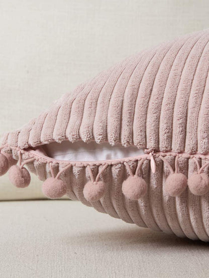 1pc Fabric Cushion Cover, Minimalist Pink Pompom Decor Decorative Throw Pillow Case Without Filler For Sofa