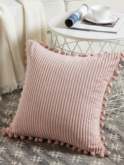 1pc Fabric Cushion Cover, Minimalist Pink Pompom Decor Decorative Throw Pillow Case Without Filler For Sofa