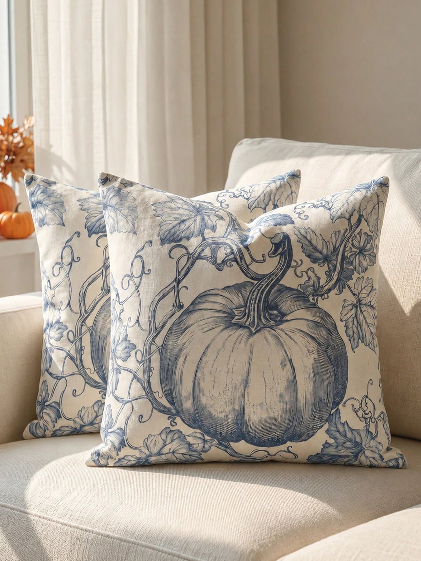 1pc Fall Rustic Brown Toile De Jouy Pumpkin Throw Pillow Covers, Vintage Autumn Farmhouse Harvest Thanksgiving Decor For Couch Sofa