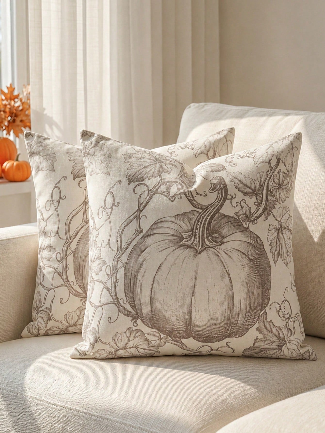 1pc Fall Rustic Brown Toile De Jouy Pumpkin Throw Pillow Covers, Vintage Autumn Farmhouse Harvest Thanksgiving Decor For Couch Sofa