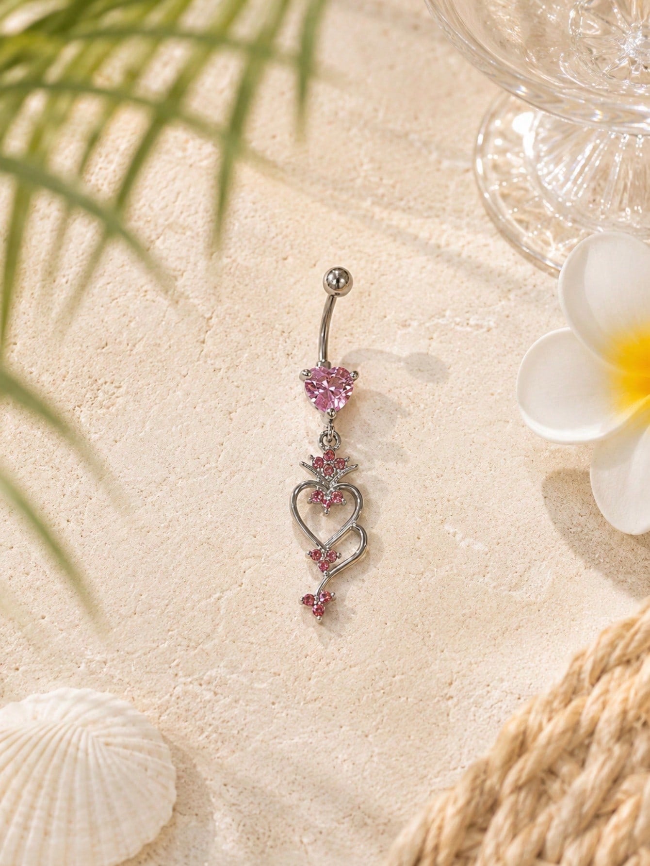 1pc Fashion Sweet Cool Y2K Style Pink Heart Rhinestone Pendant Stainless Steel Belly Button Piercing Party Vacation Charm Jewelry