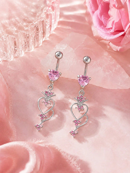 1pc Fashion Sweet Cool Y2K Style Pink Heart Rhinestone Pendant Stainless Steel Belly Button Piercing Party Vacation Charm Jewelry