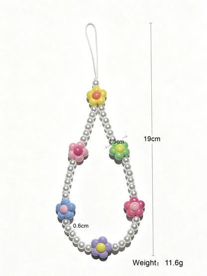 1pc Fashionable Flower & Faux Pearl Beaded Lanyard, Elegant Phone Strap & Bag Charm