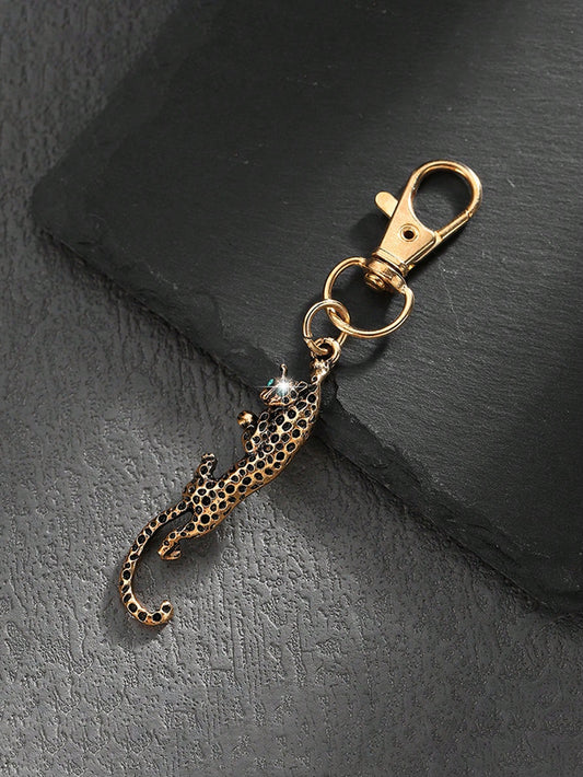 1pc Fashionable Silver/Gold Alloy Rhinestone Leopard Keychain, Car Bag Pendant Charm, Metal Creative Accessory