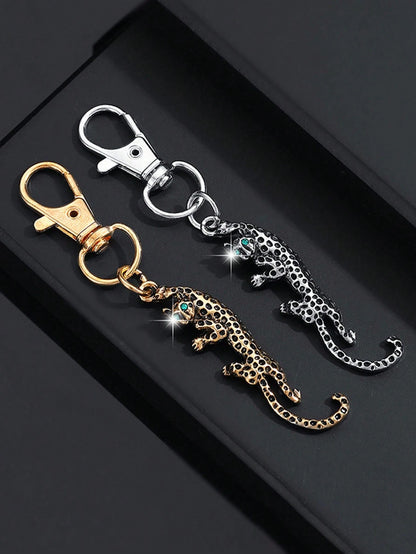 1pc Fashionable Silver/Gold Alloy Rhinestone Leopard Keychain, Car Bag Pendant Charm, Metal Creative Accessory