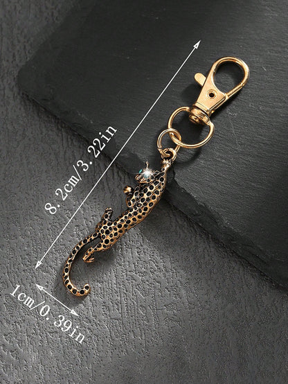 1pc Fashionable Silver/Gold Alloy Rhinestone Leopard Keychain, Car Bag Pendant Charm, Metal Creative Accessory