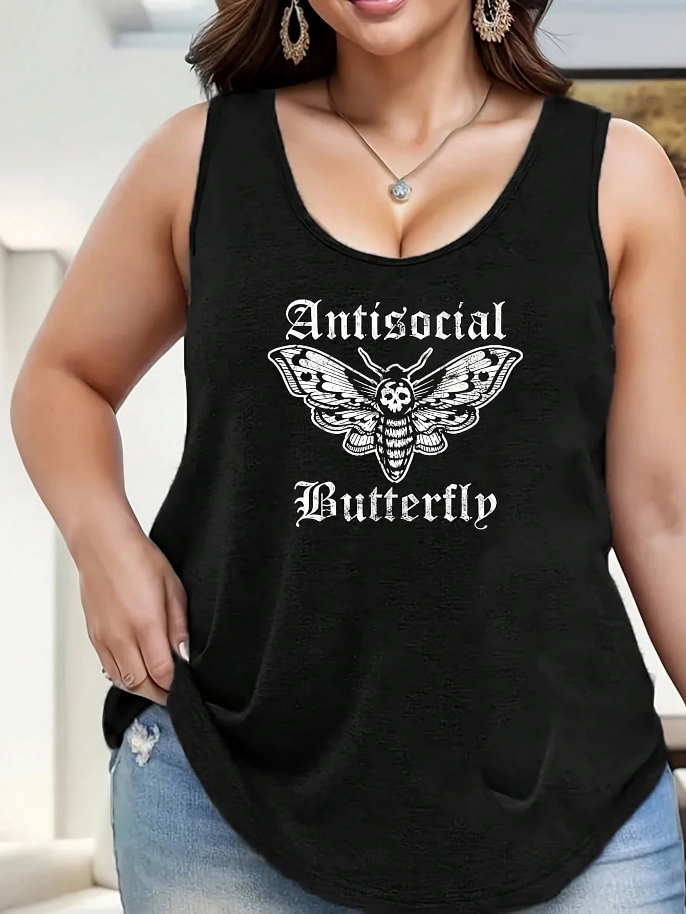 1pc Funny Antisocial Butterfly Introvert Distressed Design Women's Plus Size Tank Tops Crew Neck Novelty Shirt Casual Top Funny Graphic Tee Sleeveless Summer Vacation Clothing