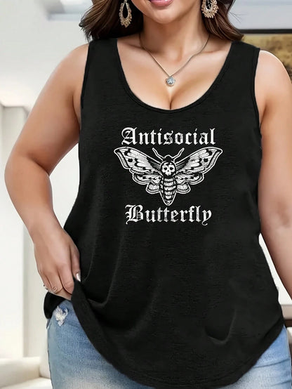 1pc Funny Antisocial Butterfly Introvert Distressed Design Women's Plus Size Tank Tops Crew Neck Novelty Shirt Casual Top Funny Graphic Tee Sleeveless Summer Vacation Clothing