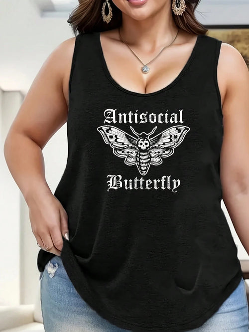 1pc Funny Antisocial Butterfly Introvert Distressed Design Women's Plus Size Tank Tops Crew Neck Novelty Shirt Casual Top Funny Graphic Tee Sleeveless Summer Vacation Clothing