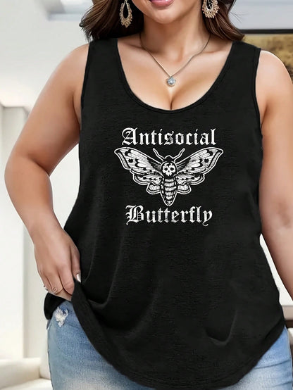 1pc Funny Antisocial Butterfly Introvert Distressed Design Women's Plus Size Tank Tops Crew Neck Novelty Shirt Casual Top Funny Graphic Tee Sleeveless Summer Vacation Clothing