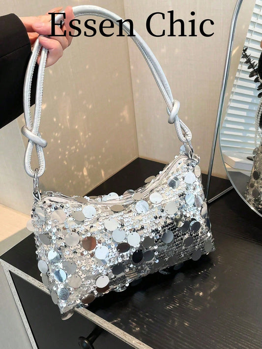 1pc Gold Color Crescent Moon Shape Glitter PVC Shoulder Bag For Women, New, Beach