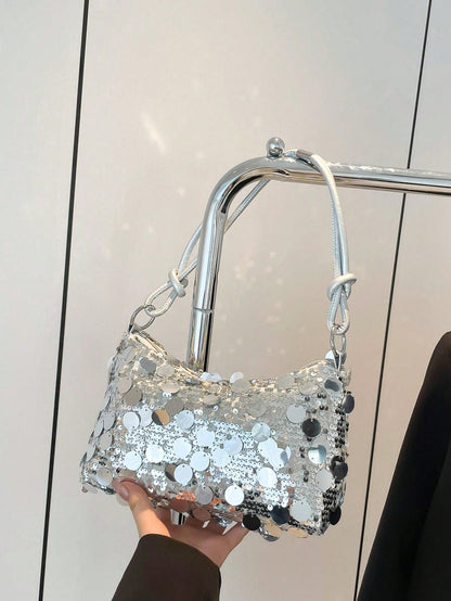 1pc Gold Color Crescent Moon Shape Glitter PVC Shoulder Bag For Women, New, Beach