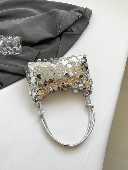 1pc Gold Color Crescent Moon Shape Glitter PVC Shoulder Bag For Women, New, Beach