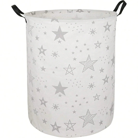 1PC Gray Star Print Foldable Laundry Basket, Neutral Foldable Fabric Storage Bin With Handles, Suitable For Storing Clothes In Bedrooms Or Nurseries