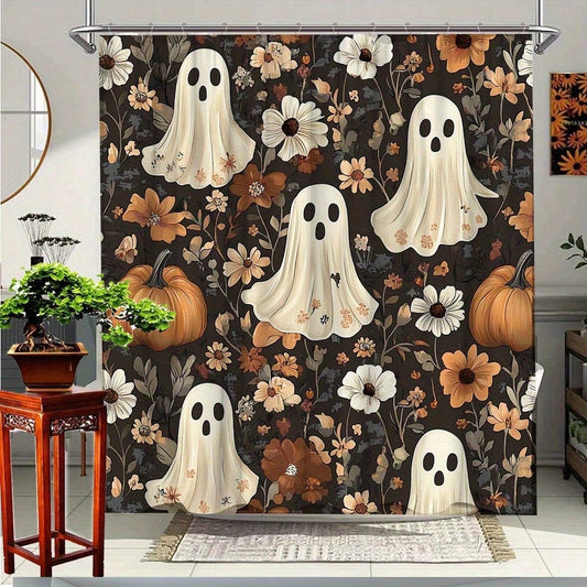 1pc Halloween Ghost Floral Pumpkin Shower Curtain, Polyester Fabric, Bathroom Decor With Ghost And Floral Pattern, Enjoy A Whimsical Experience, Includes 12 Hooks, Bathroom Decor, Home Decor, Bathroom