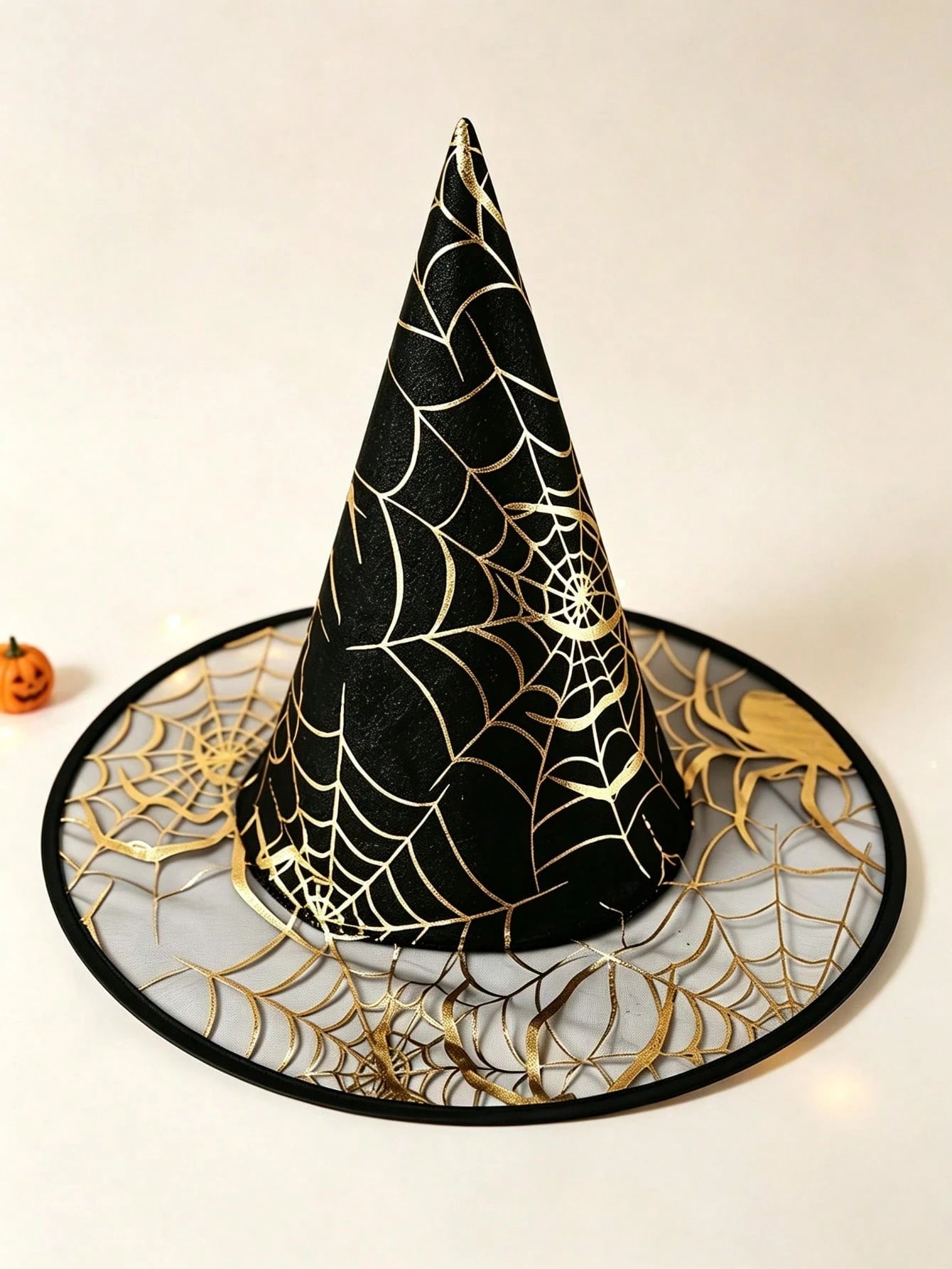 1pc Halloween Witch Hat, Gold Foil Spider Web Print Oxford Fabric Mesh Brim Witch Hat, Children & Adult Role Play Costume Accessory, Halloween Party Outfit/Theme Party Gathering Photo Prop
