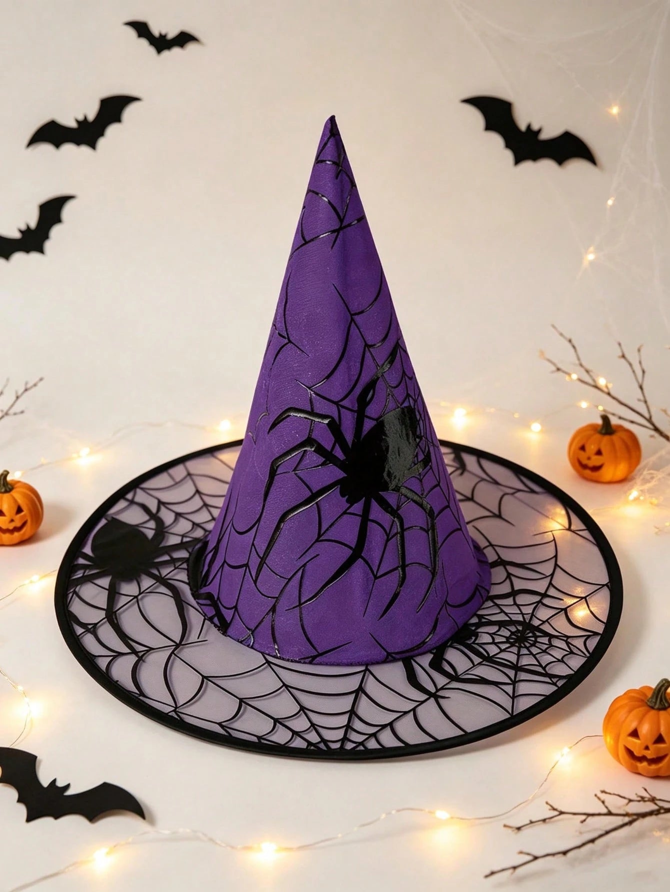 1pc Halloween Witch Hat, Gold Foil Spider Web Print Oxford Fabric Mesh Brim Witch Hat, Children & Adult Role Play Costume Accessory, Halloween Party Outfit/Theme Party Gathering Photo Prop