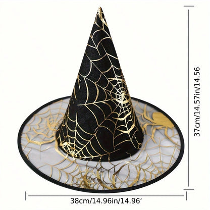 1pc Halloween Witch Hat, Gold Foil Spider Web Print Oxford Fabric Mesh Brim Witch Hat, Children & Adult Role Play Costume Accessory, Halloween Party Outfit/Theme Party Gathering Photo Prop