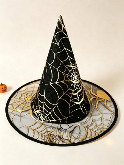 1pc Halloween Witch Hat, Gold Foil Spider Web Print Oxford Fabric Mesh Brim Witch Hat, Children & Adult Role Play Costume Accessory, Halloween Party Outfit/Theme Party Gathering Photo Prop