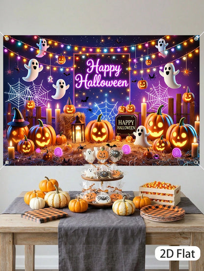 1Pc Happy Halloween Backdrop 150*100cm Hanging Fabric Banner Halloween Porch Yard Patio Decor Indoor Outdoor Kid's Halloween Party Supplies