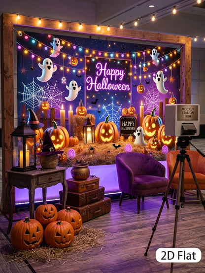 1Pc Happy Halloween Backdrop 150*100cm Hanging Fabric Banner Halloween Porch Yard Patio Decor Indoor Outdoor Kid's Halloween Party Supplies