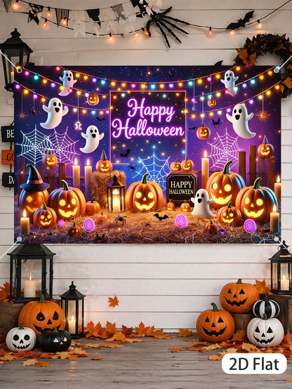 1Pc Happy Halloween Backdrop 150*100cm Hanging Fabric Banner Halloween Porch Yard Patio Decor Indoor Outdoor Kid's Halloween Party Supplies