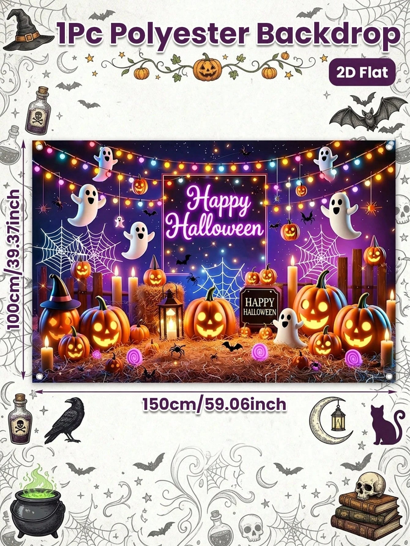 1Pc Happy Halloween Backdrop 150*100cm Hanging Fabric Banner Halloween Porch Yard Patio Decor Indoor Outdoor Kid's Halloween Party Supplies