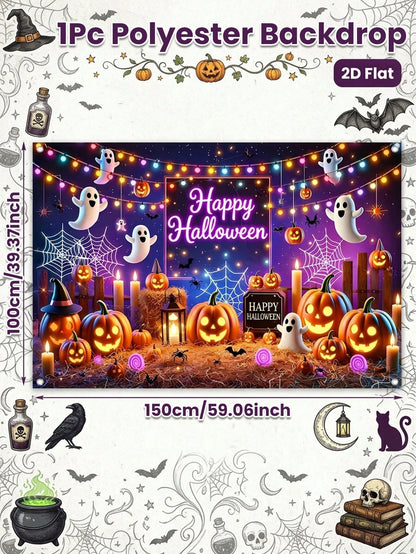 1Pc Happy Halloween Backdrop 150*100cm Hanging Fabric Banner Halloween Porch Yard Patio Decor Indoor Outdoor Kid's Halloween Party Supplies
