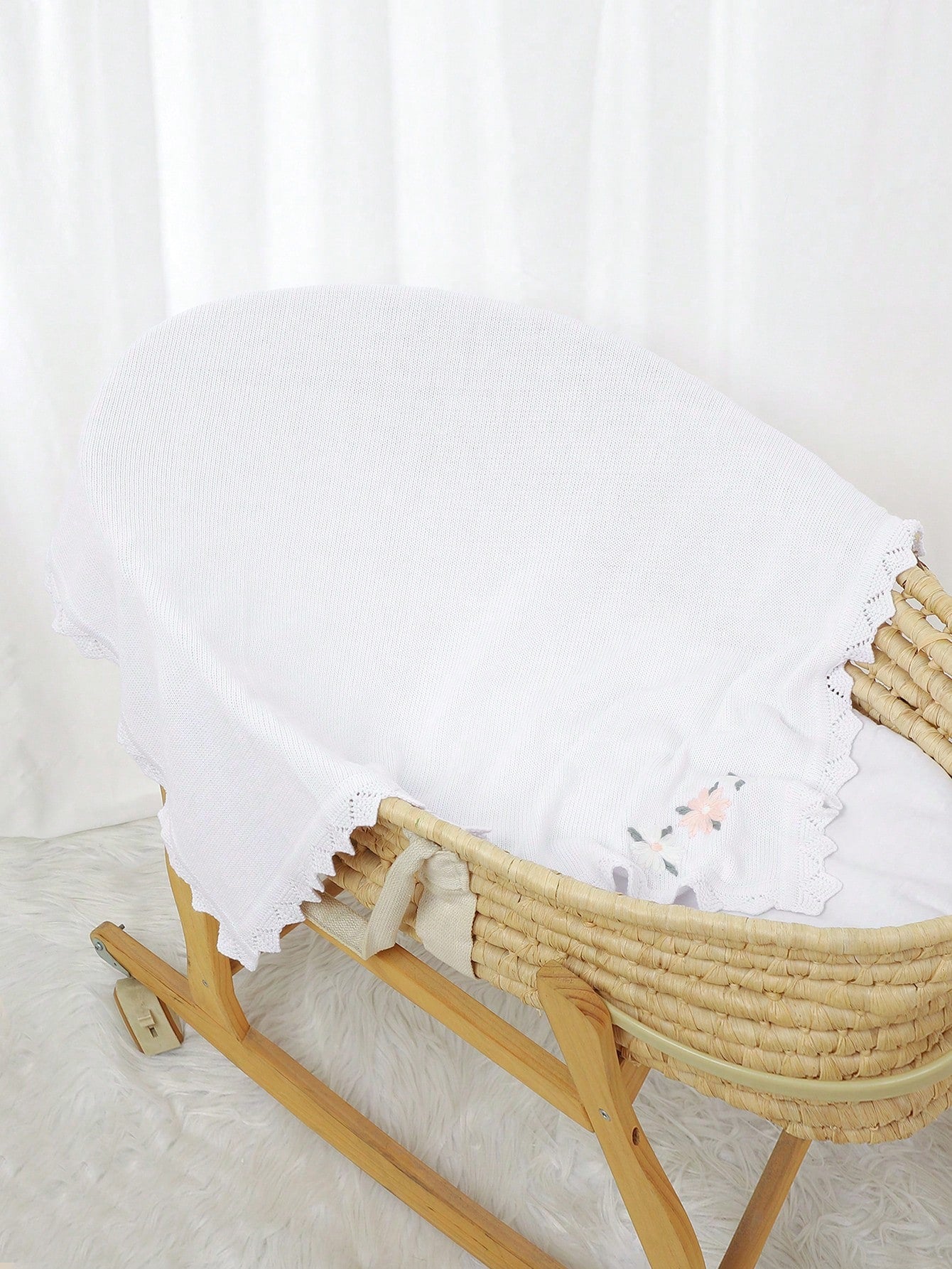 1pc Knitted Baby Blanket, Floral Embroidery Waves Edge, Soft & Simple, Suitable For Stroller, 4 Seasons Love Valentine