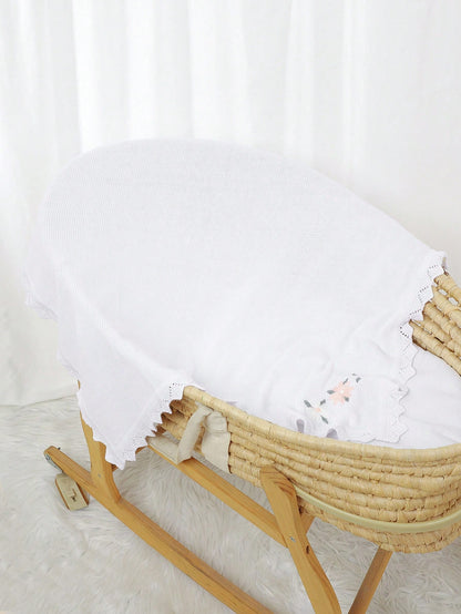 1pc Knitted Baby Blanket, Floral Embroidery Waves Edge, Soft & Simple, Suitable For Stroller, 4 Seasons Love Valentine