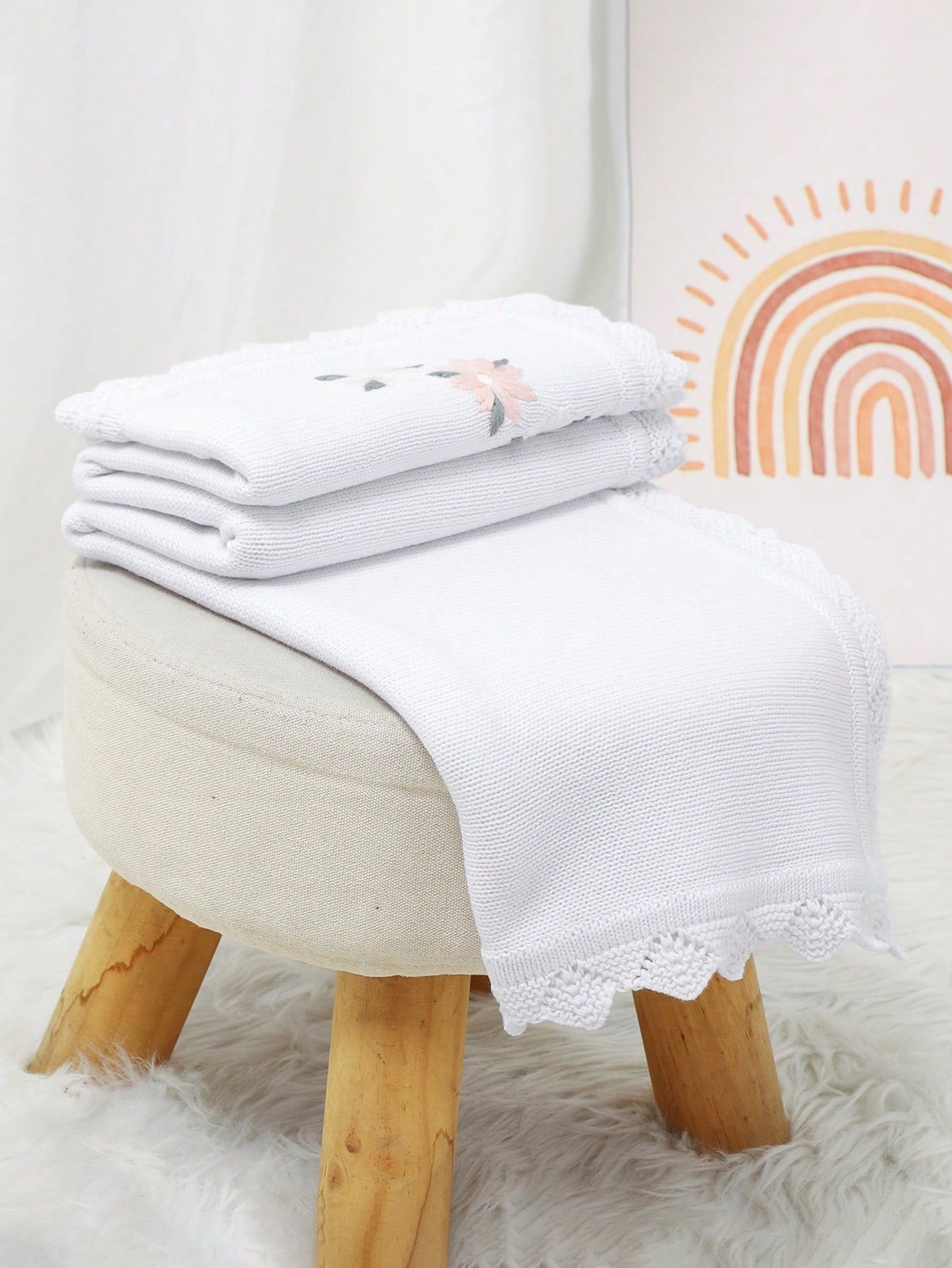 1pc Knitted Baby Blanket, Floral Embroidery Waves Edge, Soft & Simple, Suitable For Stroller, 4 Seasons Love Valentine