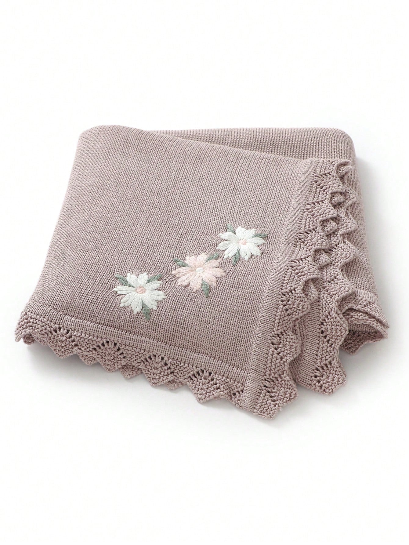 1pc Knitted Baby Blanket, Floral Embroidery Waves Edge, Soft & Simple, Suitable For Stroller, 4 Seasons Love Valentine