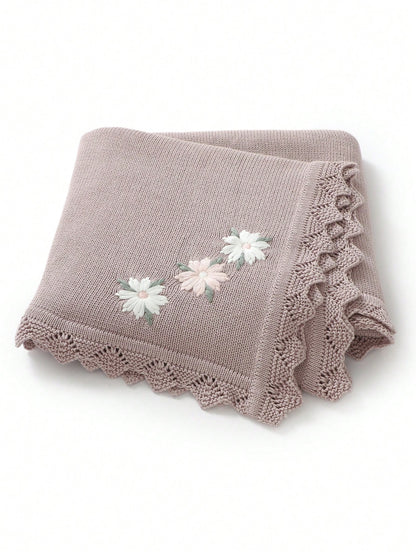 1pc Knitted Baby Blanket, Floral Embroidery Waves Edge, Soft & Simple, Suitable For Stroller, 4 Seasons Love Valentine