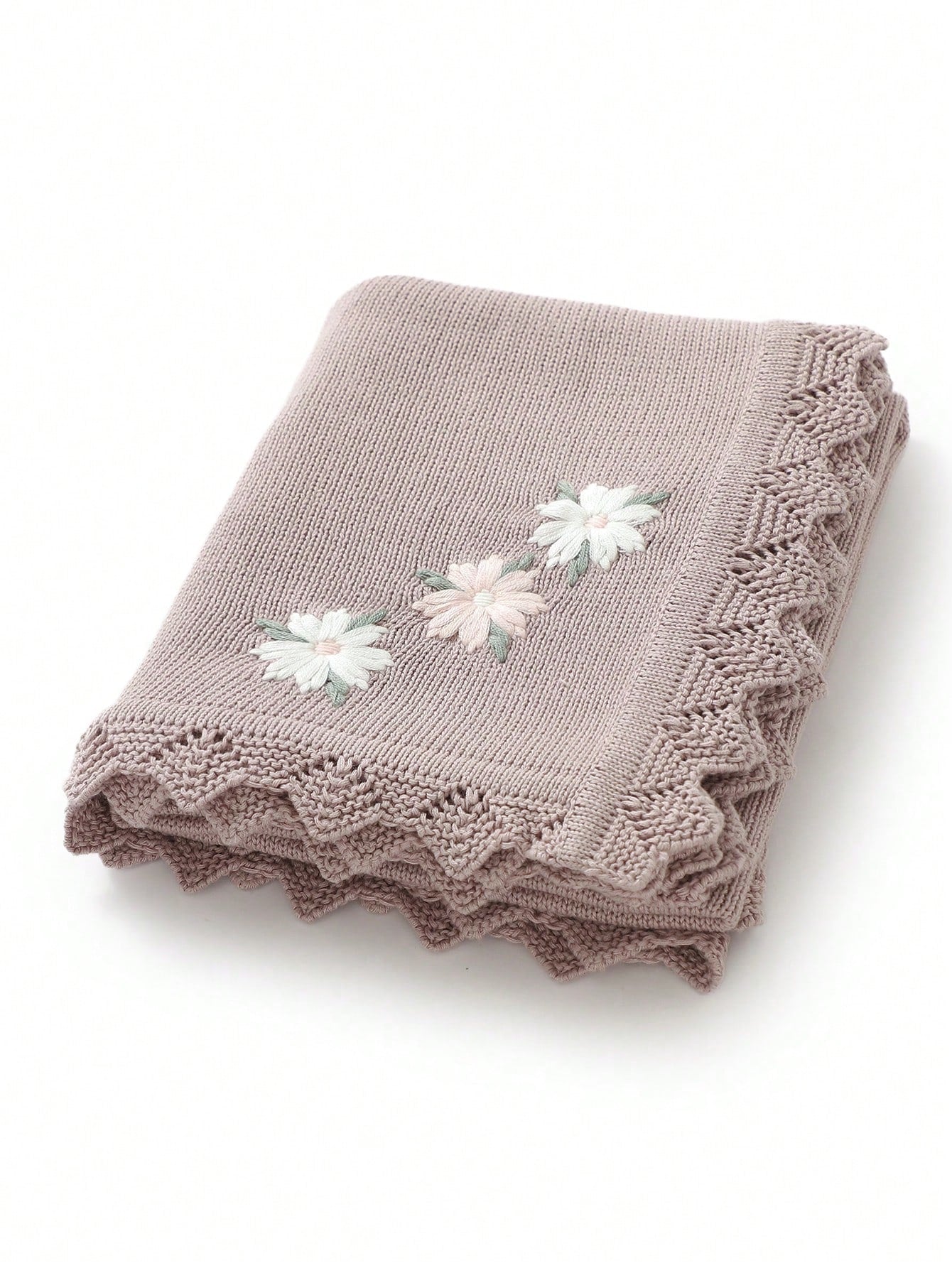 1pc Knitted Baby Blanket, Floral Embroidery Waves Edge, Soft & Simple, Suitable For Stroller, 4 Seasons Love Valentine