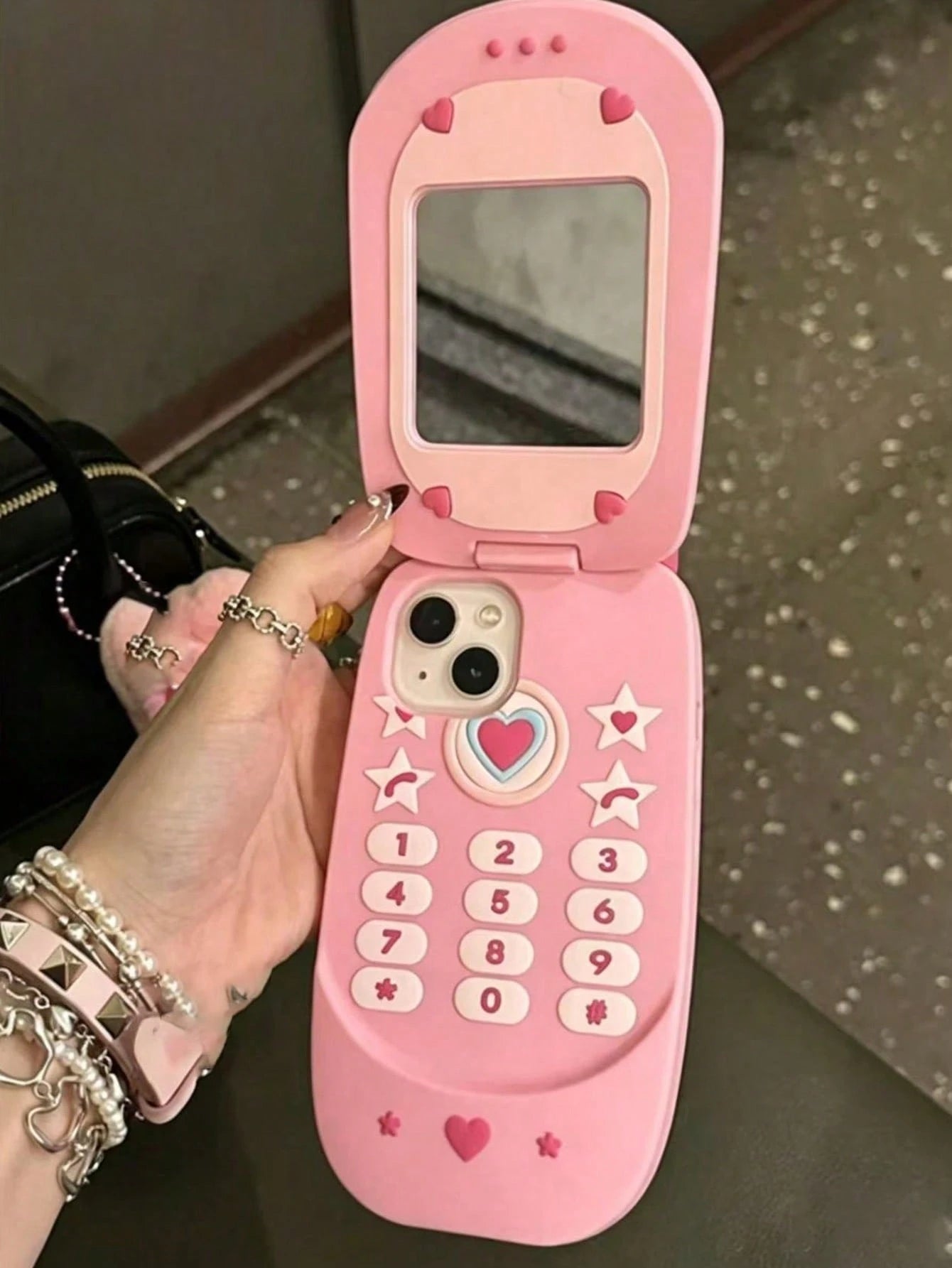 1pc Korean Style Cute 3D Glitter Pink Large Phone Model Flip Mirror Silicone Phone Case, Compatible With IPhone 16/15/14/13/12 Pro Max/11, Shockproof Soft Shell, Gift Packaging